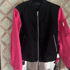 Rag and Bone black bomber jacket with hot pink sleeves